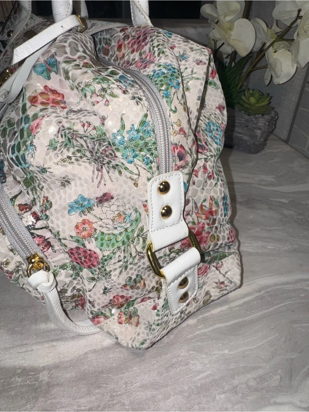 NWT Sharif Shimmer Floral Print Shoulder Bag Gold Tone Hardware & Removal Pouch